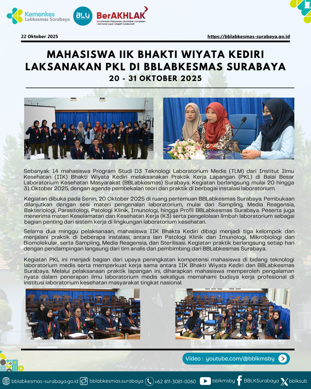 Mahasiswa IIK Bhakti Wiyata Kediri Laksanakan PKL di BBLabkesmas Surabaya